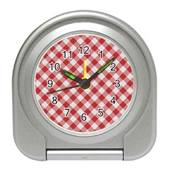 Picnic Gingham Red White Checkered Plaid Pattern Travel Alarm Clock by SpinnyChairDesigns