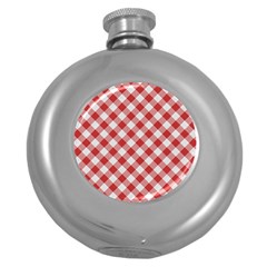 Picnic Gingham Red White Checkered Plaid Pattern Round Hip Flask (5 Oz) by SpinnyChairDesigns