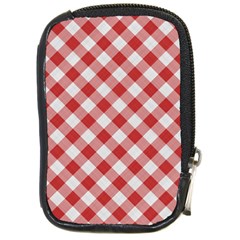 Picnic Gingham Red White Checkered Plaid Pattern Compact Camera Leather Case by SpinnyChairDesigns