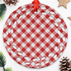 Picnic Gingham Red White Checkered Plaid Pattern Round Filigree Ornament (two Sides) by SpinnyChairDesigns