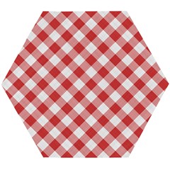 Picnic Gingham Red White Checkered Plaid Pattern Wooden Puzzle Hexagon by SpinnyChairDesigns