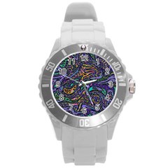 Multicolored Abstract Art Pattern Round Plastic Sport Watch (l) by SpinnyChairDesigns