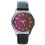 Abstract Retro Floral Stripes Pattern Round Metal Watch Front