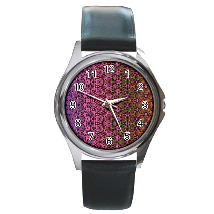 Abstract Retro Floral Stripes Pattern Round Metal Watch