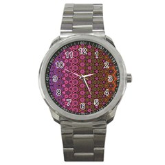 Abstract Retro Floral Stripes Pattern Sport Metal Watch by SpinnyChairDesigns