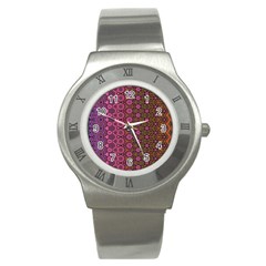 Abstract Retro Floral Stripes Pattern Stainless Steel Watch by SpinnyChairDesigns