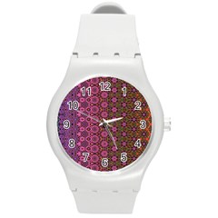 Abstract Retro Floral Stripes Pattern Round Plastic Sport Watch (m) by SpinnyChairDesigns