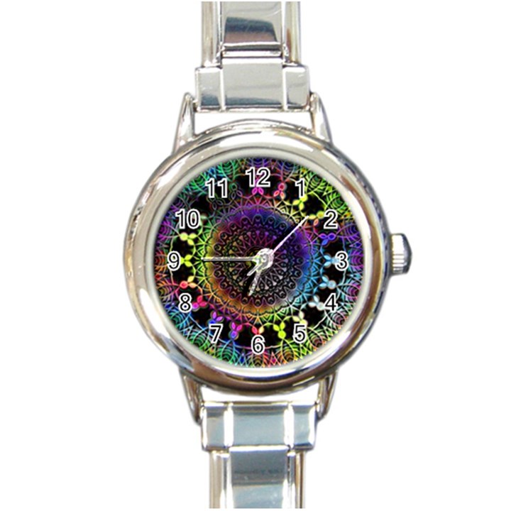 Colorful Rainbow Colored Arabesque Mandala Kaleidoscope  Round Italian Charm Watch