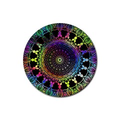 Colorful Rainbow Colored Arabesque Mandala Kaleidoscope  Rubber Coaster (round)  by SpinnyChairDesigns