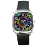 Colorful Rainbow Colored Arabesque Mandala Kaleidoscope  Square Metal Watch Front