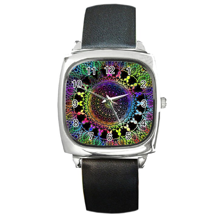 Colorful Rainbow Colored Arabesque Mandala Kaleidoscope  Square Metal Watch