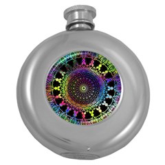 Colorful Rainbow Colored Arabesque Mandala Kaleidoscope  Round Hip Flask (5 Oz) by SpinnyChairDesigns