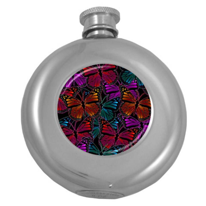 Colorful Monarch Butterfly Pattern Round Hip Flask (5 oz)