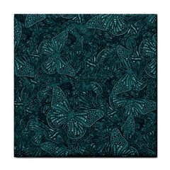 Dark Teal Butterfly Pattern Tile Coaster by SpinnyChairDesigns