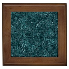 Dark Teal Butterfly Pattern Framed Tile by SpinnyChairDesigns