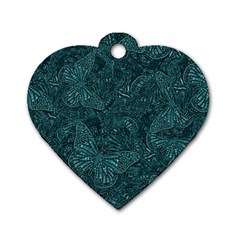 Dark Teal Butterfly Pattern Dog Tag Heart (one Side) by SpinnyChairDesigns