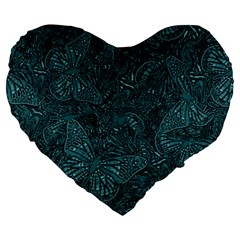 Dark Teal Butterfly Pattern Large 19  Premium Heart Shape Cushions by SpinnyChairDesigns