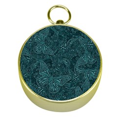 Dark Teal Butterfly Pattern Gold Compasses by SpinnyChairDesigns