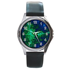 Abstract Green And Blue Techno Pattern Round Metal Watch