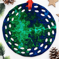 Abstract Green And Blue Techno Pattern Ornament (round Filigree) by SpinnyChairDesigns