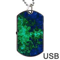 Abstract Green And Blue Techno Pattern Dog Tag Usb Flash (two Sides) by SpinnyChairDesigns