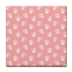 Animal Cat Dog Prints Pattern Pink White Tile Coaster by SpinnyChairDesigns