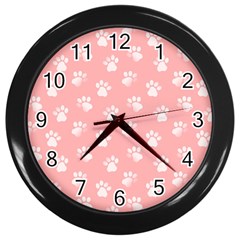 Animal Cat Dog Prints Pattern Pink White Wall Clock (black) by SpinnyChairDesigns