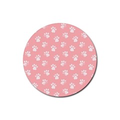 Animal Cat Dog Prints Pattern Pink White Rubber Round Coaster (4 Pack)  by SpinnyChairDesigns