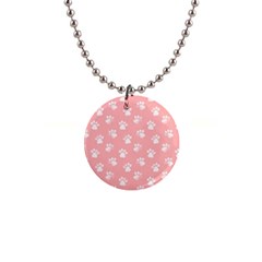 Animal Cat Dog Prints Pattern Pink White 1  Button Necklace by SpinnyChairDesigns