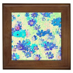 Cosmos Flowers Blue Framed Tile by DinkovaArt