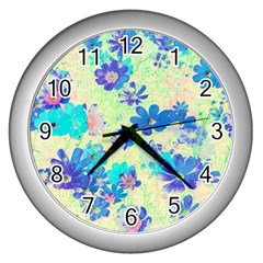 Cosmos Flowers Blue Wall Clock (silver) by DinkovaArt