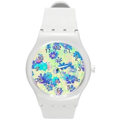 Cosmos Flowers Blue Round Plastic Sport Watch (m) by DinkovaArt