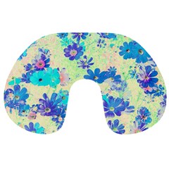 Cosmos Flowers Blue Travel Neck Pillow by DinkovaArt