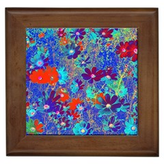 Cosmos Flowers Blue Red Framed Tile by DinkovaArt