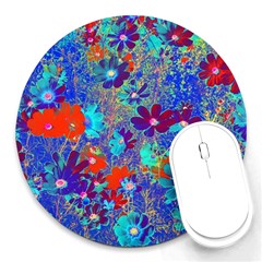 Cosmos Flowers Blue Red Round Mousepads by DinkovaArt