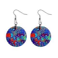 Cosmos Flowers Blue Red Mini Button Earrings by DinkovaArt