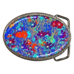 Cosmos Flowers Blue Red Belt Buckles by DinkovaArt