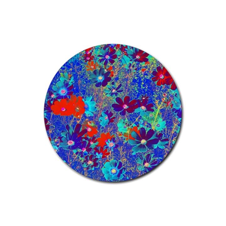 Cosmos Flowers Blue Red Rubber Round Coaster (4 pack) 