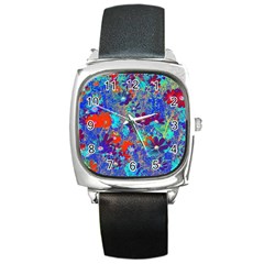 Cosmos Flowers Blue Red Square Metal Watch by DinkovaArt