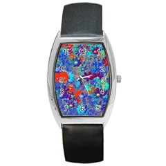 Cosmos Flowers Blue Red Barrel Style Metal Watch by DinkovaArt