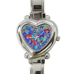 Cosmos Flowers Blue Red Heart Italian Charm Watch by DinkovaArt