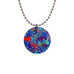 Cosmos Flowers Blue Red 1  Button Necklace by DinkovaArt