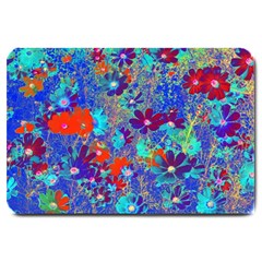 Cosmos Flowers Blue Red Large Doormat  by DinkovaArt