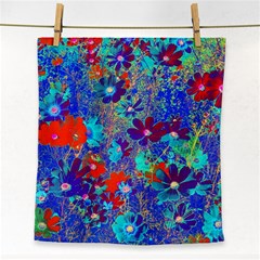 Cosmos Flowers Blue Red Face Towel by DinkovaArt