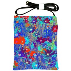 Cosmos Flowers Blue Red Shoulder Sling Bag by DinkovaArt