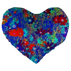 Cosmos Flowers Blue Red Large 19  Premium Heart Shape Cushions by DinkovaArt