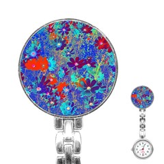 Cosmos Flowers Blue Red Stainless Steel Nurses Watch by DinkovaArt