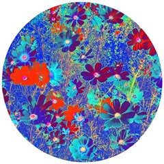 Cosmos Flowers Blue Red Wooden Puzzle Round by DinkovaArt