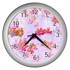 Cosmos Flowers Pink Wall Clock (silver) by DinkovaArt