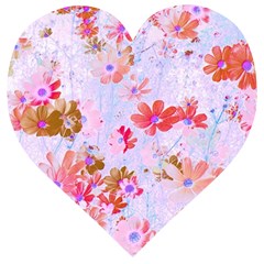 Cosmos Flowers Pink Wooden Puzzle Heart by DinkovaArt